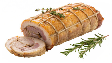 Rolled and tied roast meat with herbs and a slice, isolated on transparent background