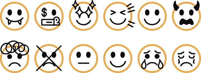 Collection of Funny Emoji Faces Vector Icons Isolated on White Background – Emotions and Expressions Symbol Set for Chat, Communication, and Design