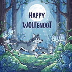 Fantasy Vector of Wolves Running through Enchanted Moonlit Forest for Wolfenoot day