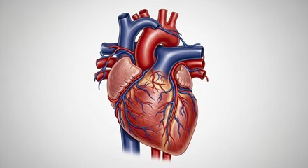 Detailed Anatomical Illustration of a Human Heart with Arteries and Veins.