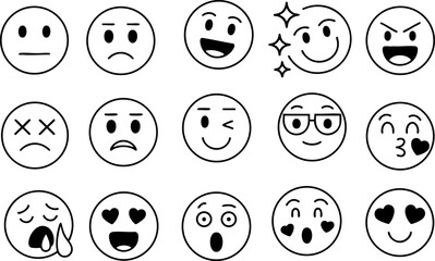Emoticon Faces Vector Icon Set Isolated on White Background – Collection of Emoji Expression Symbols, Line Art Design for Chat or Media Mood Illustration