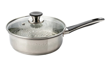 Stainless steel saucepan with boiling water and a glass lid, isolated on transparent background