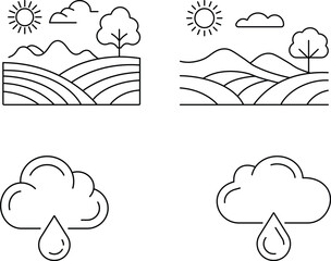 Minimalist Landscape and Rainy Weather Line Art Icons