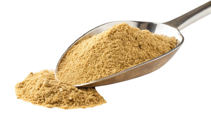 Metal scoop filled with brown powder, isolated on transparent background