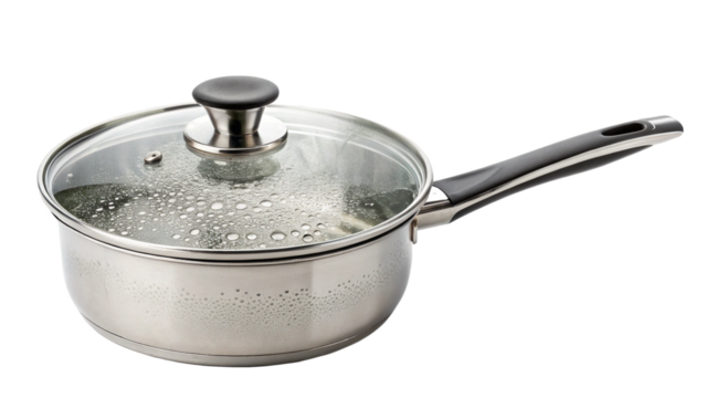 Stainless steel saucepan with boiling water and a glass lid, isolated on transparent background