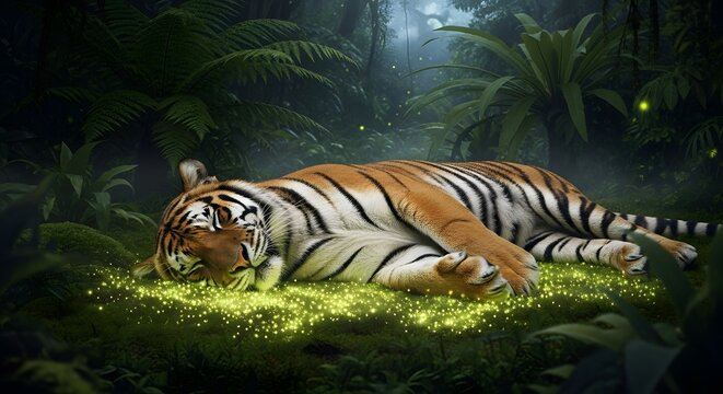 A majestic tiger resting peacefully on the lush green forest floor surrounded by dense jungle foliage and glowing fireflies at dusk - Powered by Adobe