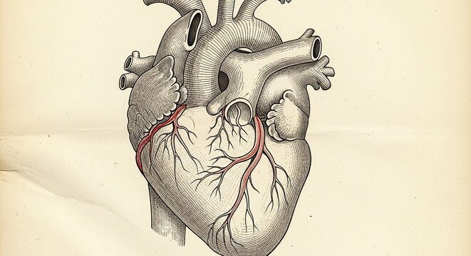 Detailed Anatomical Illustration of the Human Heart with Coronary Arteries.