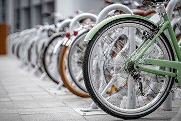 Public bicycle parking on street in the city. Wheel close-up. Parking a bicycle outdoors in town, multiple bikes in background. Parked bikes at the residential area. Selective focus, space for text
