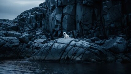 A lone white polar bear cub rests on a rugged volcanic rock formation by the sea. Dramatic and moody natural landscape representing solitude, wilderness, and climate change