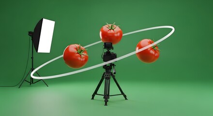 A professional photography studio setup featuring a camera on a tripod, a softbox light, and three tomatoes orbiting around the camera against a green background