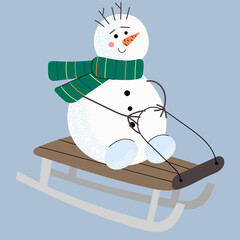 Cute flat style snowman riding a wooden sled on a winter day. Playful Christmas illustration perfect for holiday cards, kids projects, posters, and festive designs.