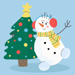 Festive flat style snowman standing beside a decorated Christmas tree. Bright holiday illustration perfect for greeting cards, posters, winter projects, and seasonal designs.