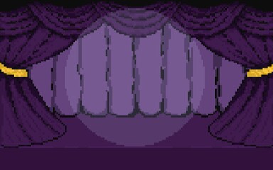 A pixel art illustration of a classic theatre stage featuring heavy, draped purple violet curtains pulled back and tied with golden rope, with under a spotlight. used for wallpaper, background, lo-fi.