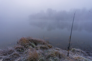 foggy morning on the river with frost