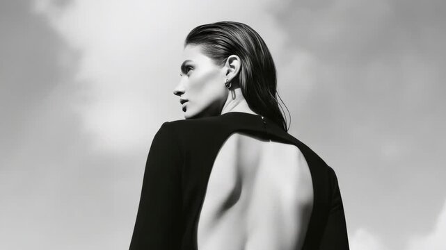 Black and white fashion portrait of an elegant adult caucasian woman. Model with wet hair wearing a stylish backless dress looking away. Sophisticated beauty concept banner