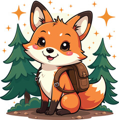 Fototapeta premium Adorable Fox Cub Adventurer with Backpack in Whimsical Forest Illustration