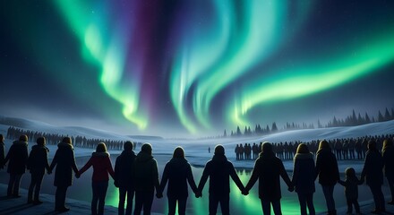 A large group of people holding hands and watching the vibrant northern lights dance across a clear night sky in a winter landscape
