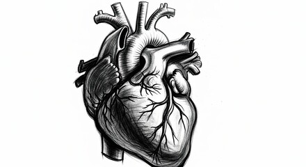 Detailed anatomical heart illustration in black and white, medical drawing.