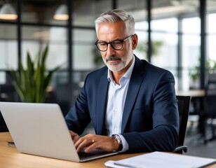 A gray-haired elderly man is focused on working on a laptop. The manager is making a financial report