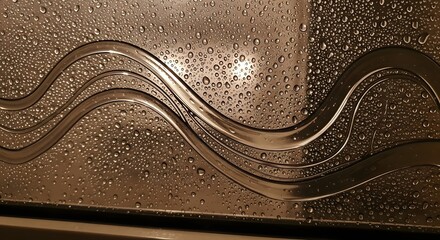Close-up of a glass surface with water droplets and a wavy metallic design, highlighting texture and reflections in a modern setting