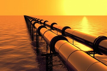 horizontal oil pipeline extending into the sea with orange sky and golden light in hyper-realistic perspective for industrial energy concept