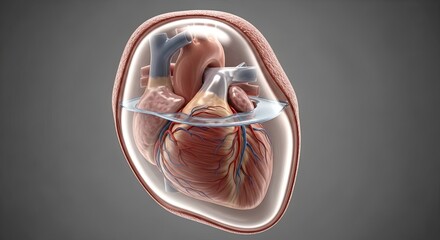 Human Heart Anatomy with Pericardial Sac and Fluid.