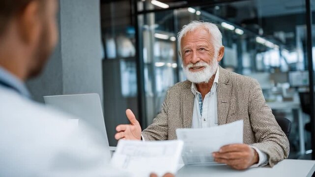 Consultation and Assurance: An older individual engages in a crucial conversation with a specialist, signifying trust, advice, and assistance. The man gestures.