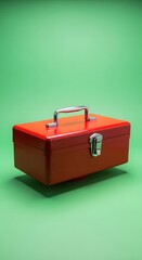 A bright red metal toolbox with a silver handle and latch placed against a vibrant green background, emphasizing its sturdy construction and practical design