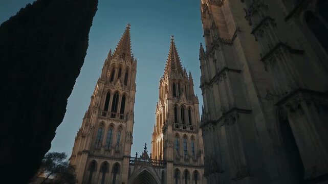 Gothic cathedrals spires pierce the clear blue sky, framed by dark trees and architectural details.