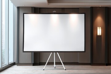 Whiteboard mock up on a wooden floor. Blank white board front. Empty marker board display standing tripod. Banner mockup 3d. Large office projector screen stand set. Flip chart business presentation