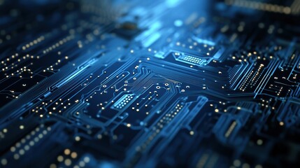 A close-up view of a complex electronic circuit board illuminated with vibrant blue light, showcasing intricate pathways and connections.