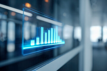 Futuristic blue glowing bar chart interface displayed on glass screen in modern office environment with blurred background and digital data visualization