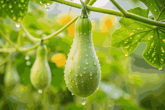 Bottle gourd vine macro shot, hanging young fruit with dew drops, soft tone
