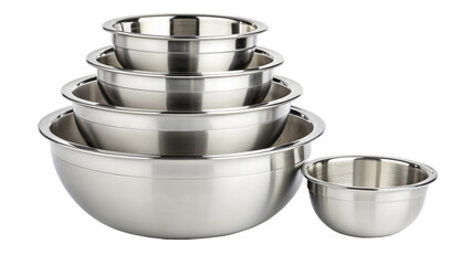 Stack of stainless steel mixing bowls in various sizes, isolated on transparent background