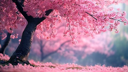 A beautiful cherry blossom tree in full bloom with pink flowers, surrounded by a carpet of pink petals, creating a magical spring landscape.