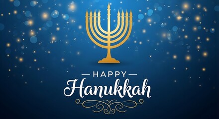 Photo of happy hanukkah greeting with a golden menorah and bokeh lights on a dark blue background, symbolizing the jewish festival of lights and holiday celebration