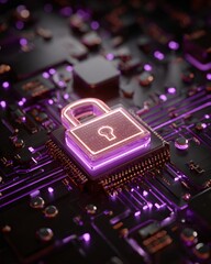 Data fortress protected by holographic firewall, padlock icon glowing, dark purple theme, 3D,