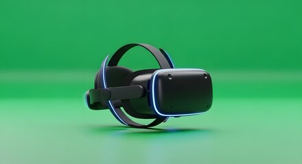 A modern virtual reality headset with headphones resting on a vibrant green background for immersive gaming and digital experiences