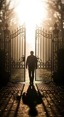 A person walking through an ornate wrought iron gate at sunset, creating a silhouette against the glowing sky and casting long shadows on the ground