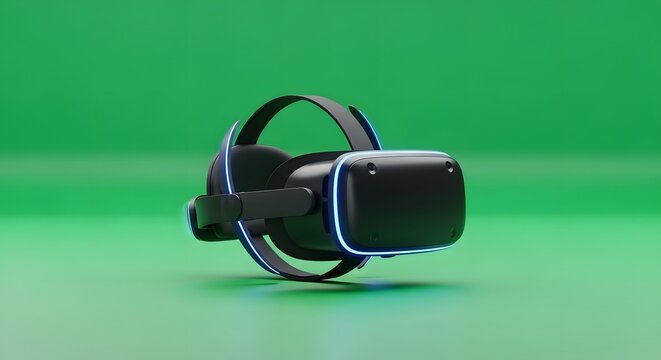 A modern virtual reality headset with headphones resting on a vibrant green background for immersive gaming and digital experiences - Powered by Adobe