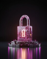 Data fortress protected by holographic firewall, padlock icon glowing, dark purple theme, 3D,