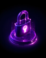 Data fortress protected by holographic firewall, padlock icon glowing, dark purple theme, 3D,