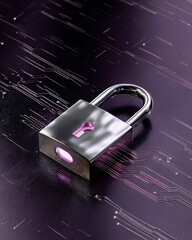 Data fortress protected by holographic firewall, padlock icon glowing, dark purple theme, 3D,