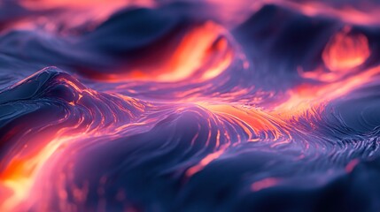 A mesmerizing abstract image showcases a turbulent, dark surface illuminated by intense, flowing waves of vibrant red and orange light, creating a dramatic and otherworldly effect.