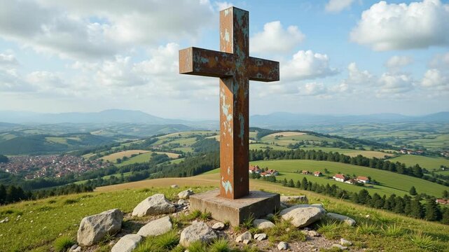 Majestic metal cross atop a scenic hill, slowly circling in 4K, framing the tranquil countryside and distant houses in a serene, spiritual landscape