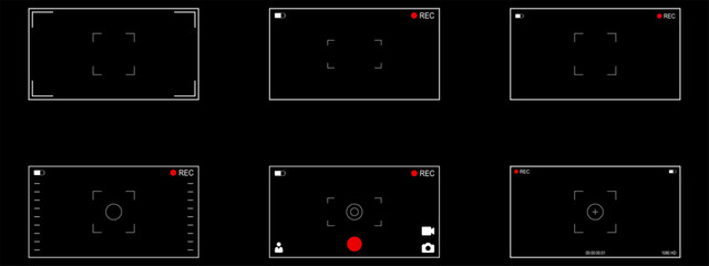 Background for cinematic production with camera photo view and zoom exposure overlay shows blank electronic display snapshot frame. Film Camera Viewfinder Overlay. App for record from mobile camera.