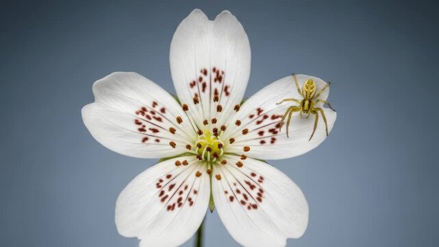 A small yellow spider rests on a white flower petal. The delicate blossom features distinctive brown speckled markings. Ideal for nature and botanical concepts