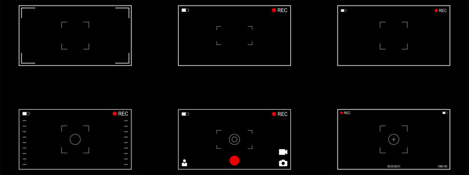 Background for cinematic production with camera photo view and zoom exposure overlay shows blank electronic display snapshot frame. Film Camera Viewfinder Overlay. App for record from mobile camera.