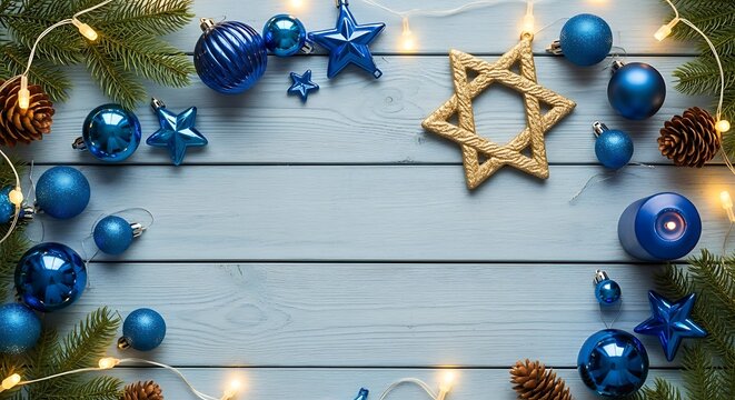 Photo of festive blue christmas ornaments and pine cones arranged on a rustic light blue wooden background with twinkling fairy lights and a star of david decoration