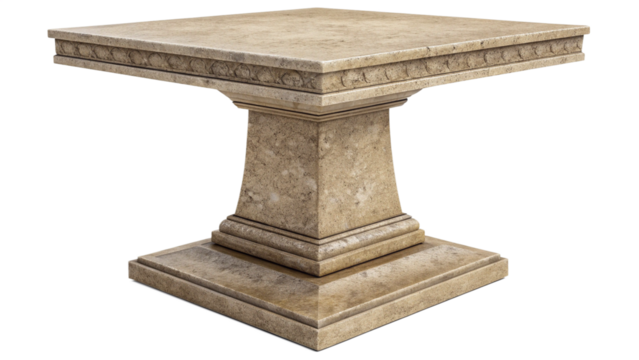 Ornate stone pedestal table with decorative carvings, isolated on transparent background